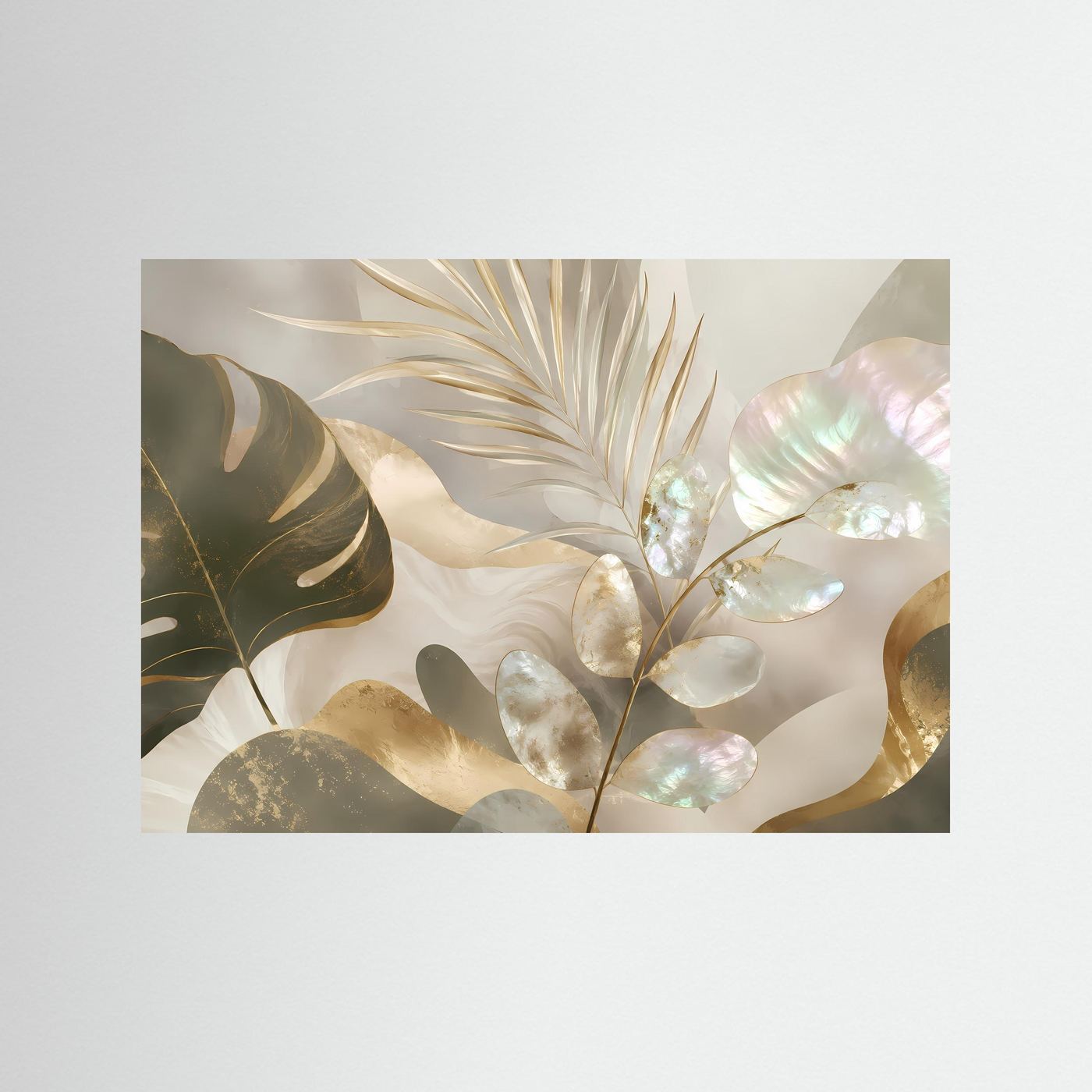 Abstraktes botanisches Poster im Querformat mit Perlmutt- und Goldblättern