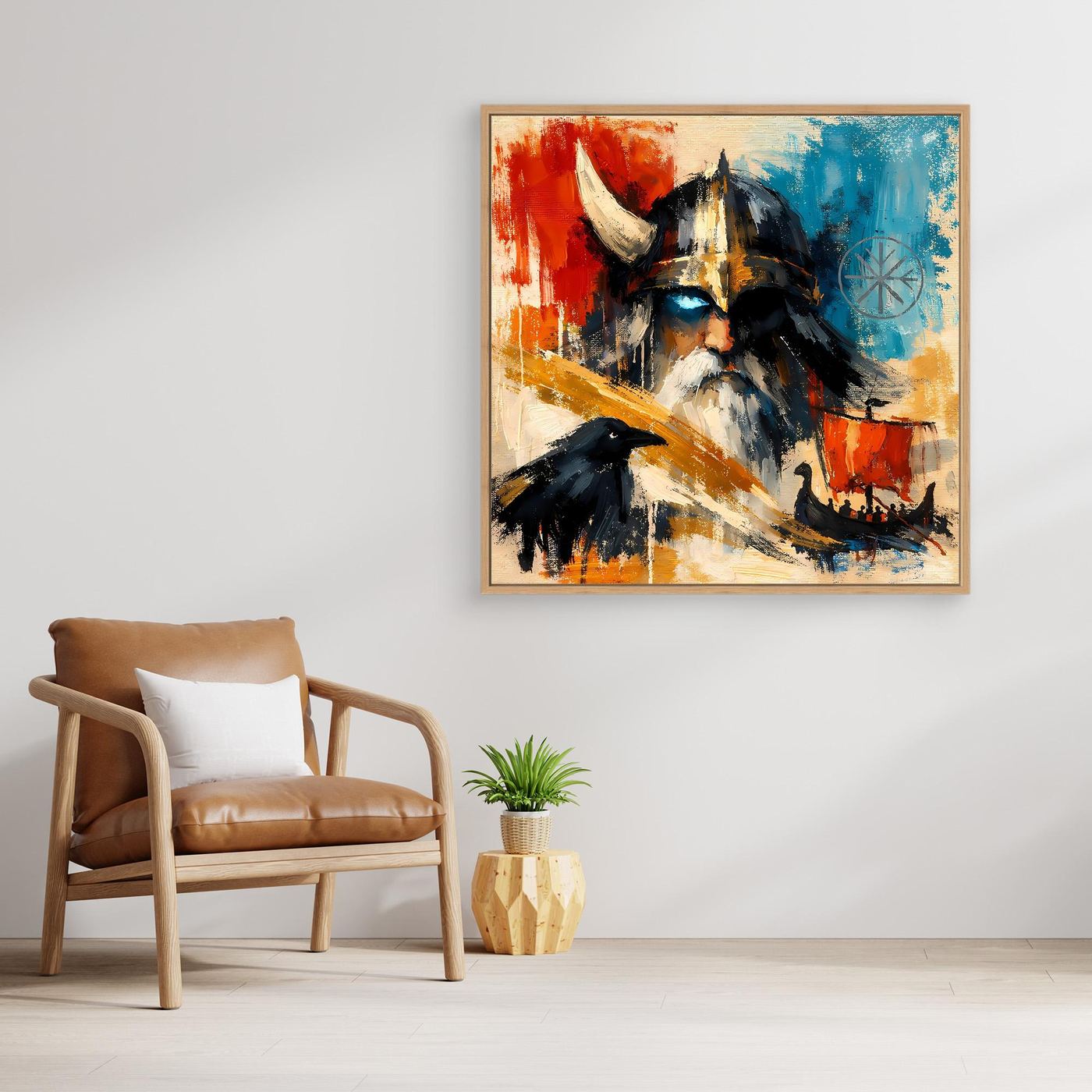 Nordic framed canvas wall art of a Viking warrior with raven, warm wood frame, abstract colors