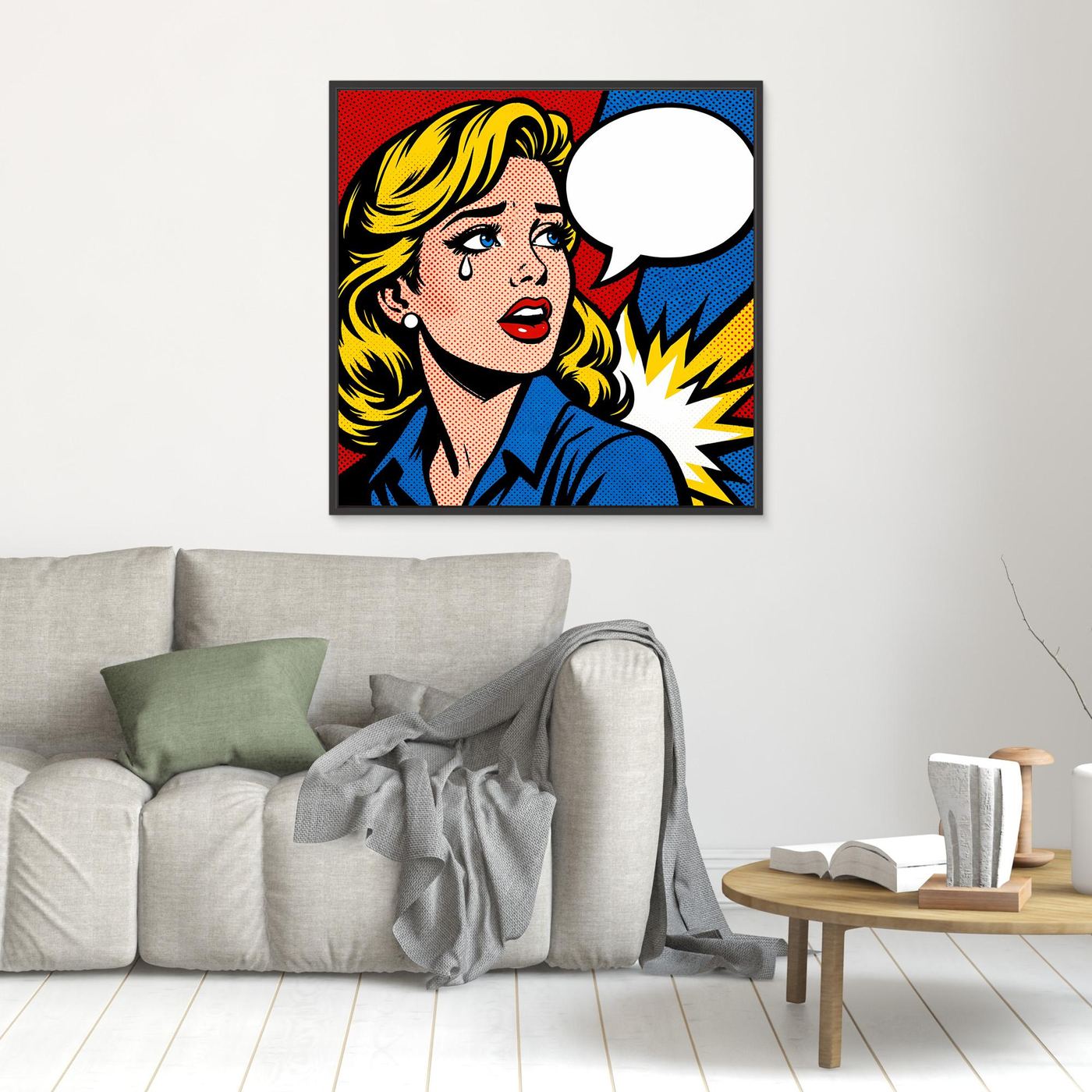 Leinwandbild: Pop-Art-Frau mit Sprechblase, blonde Haare, blaues Hemd, gerahmt