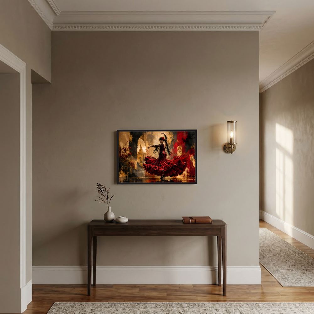 Ge­fasstes Querformat-Poster mit Flamenco-Tänzerin in Rot und Schwarz, Goldakzenten