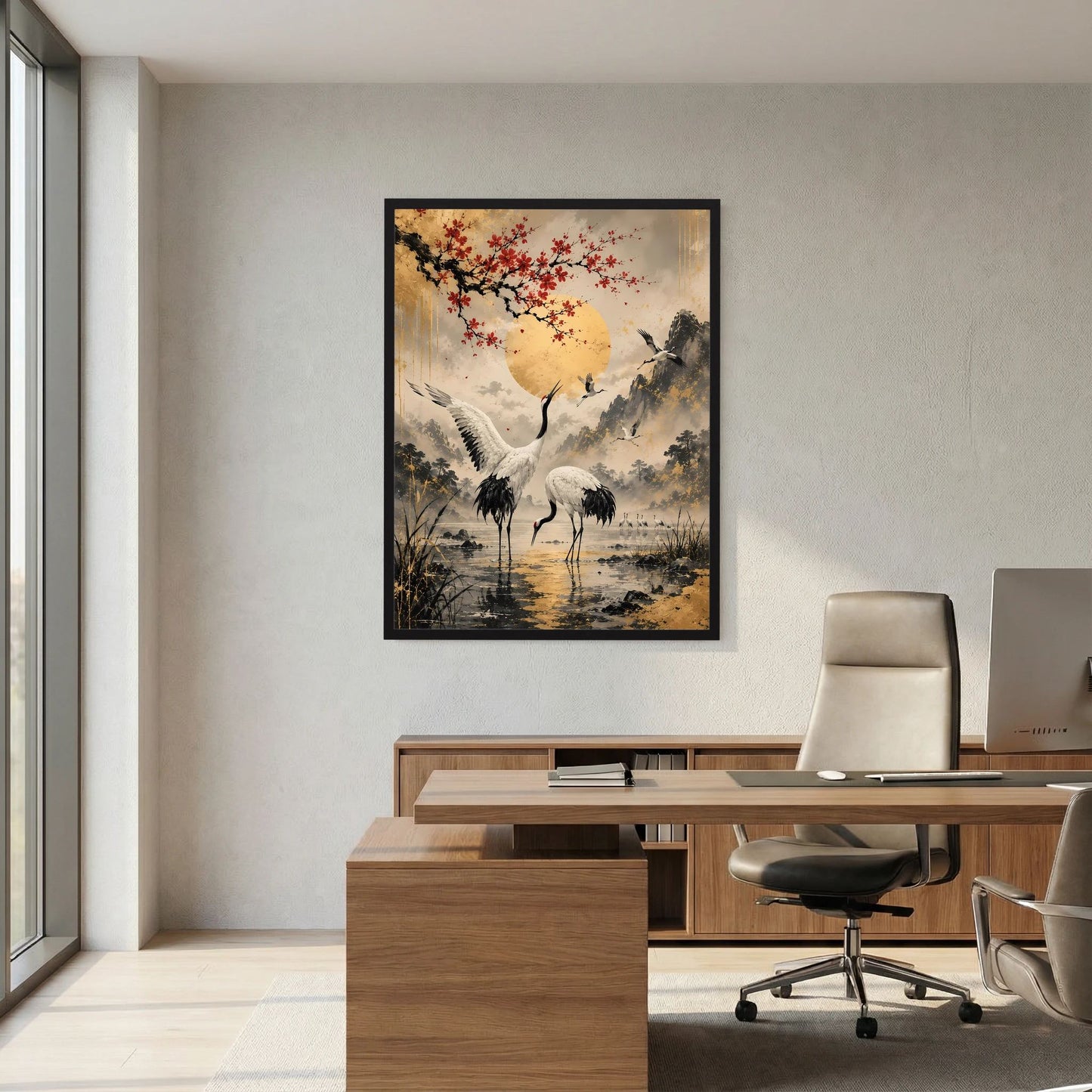 Gerahmtes Hochformat-Poster mit Kranichen, roten Blüten und gelber Sonne vor Berglandschaft