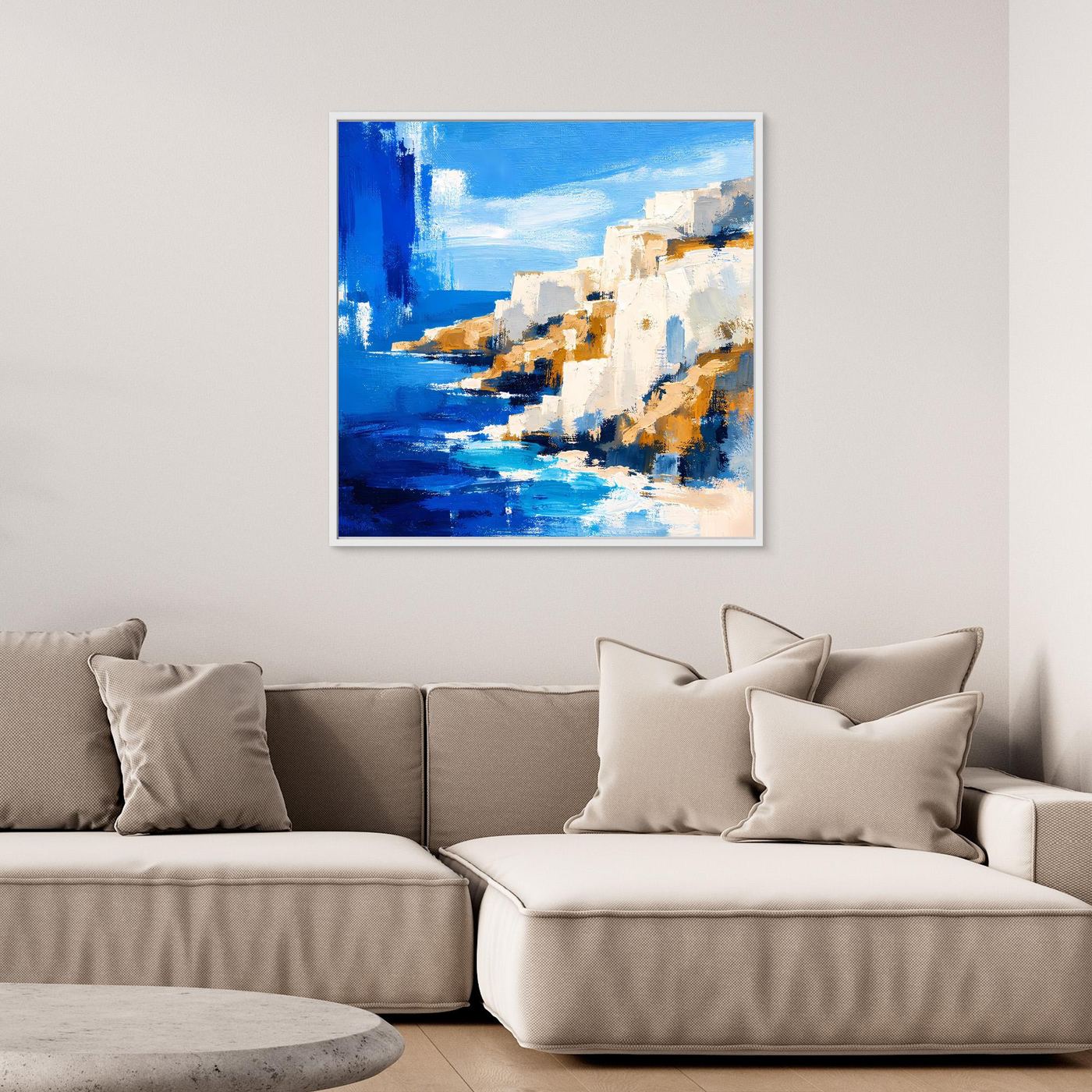 Abstraktes Leinwandbild mediterrane Steilküste in Blau und Weiß mit weißem Rand