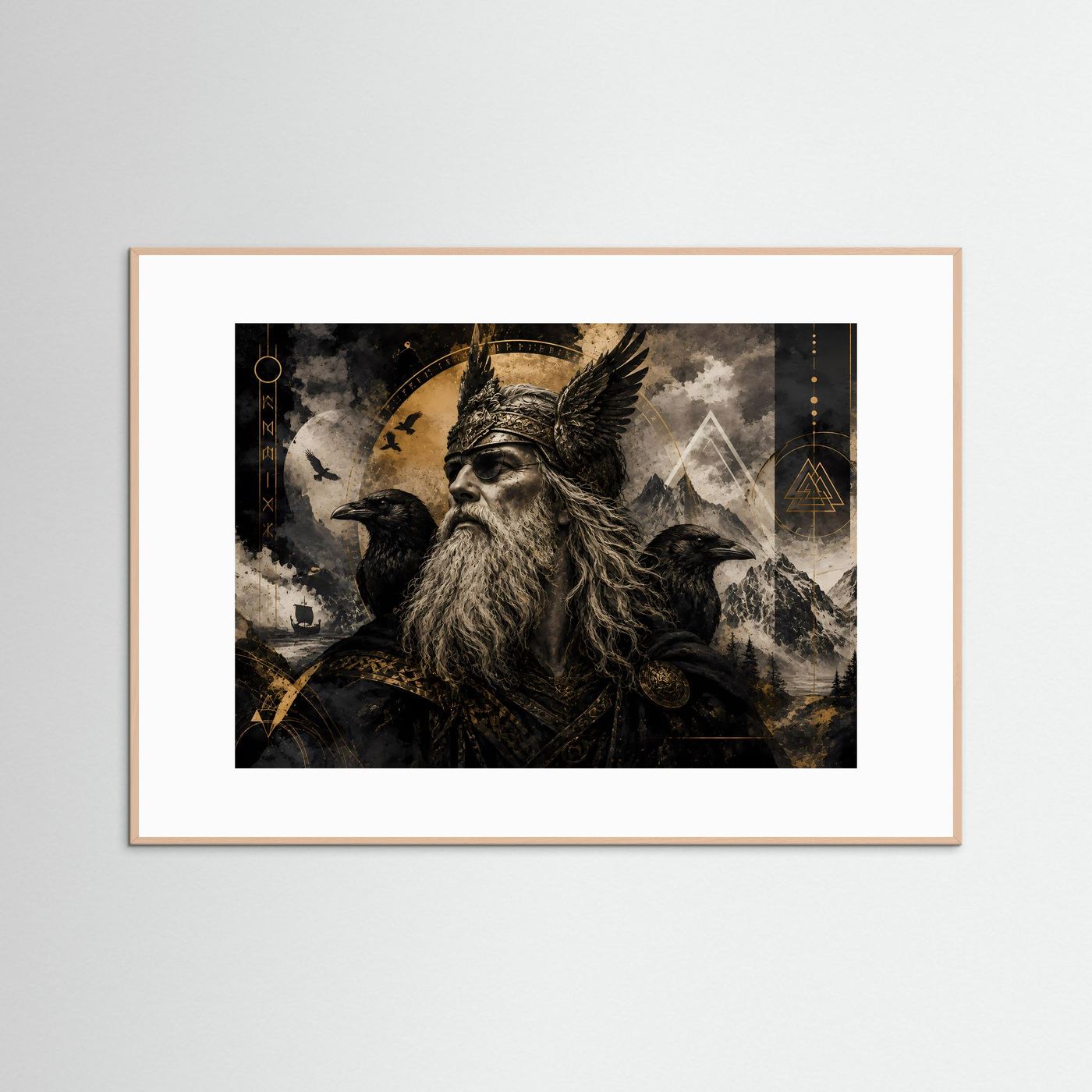 Querformat-Poster mit Odin und Raben, dunkler Motivdruck mit goldenen Details, in hellem Holzrahmen