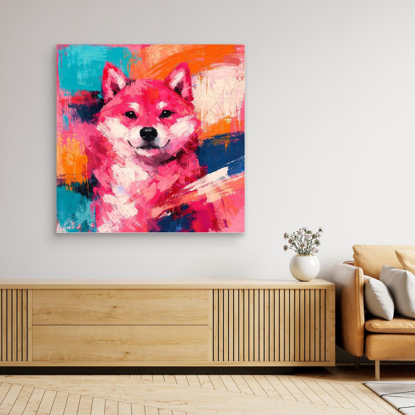 Pop-Art-Wandbild mit Shiba Inu, kräftige Farben, ohne sichtbaren Rahmen