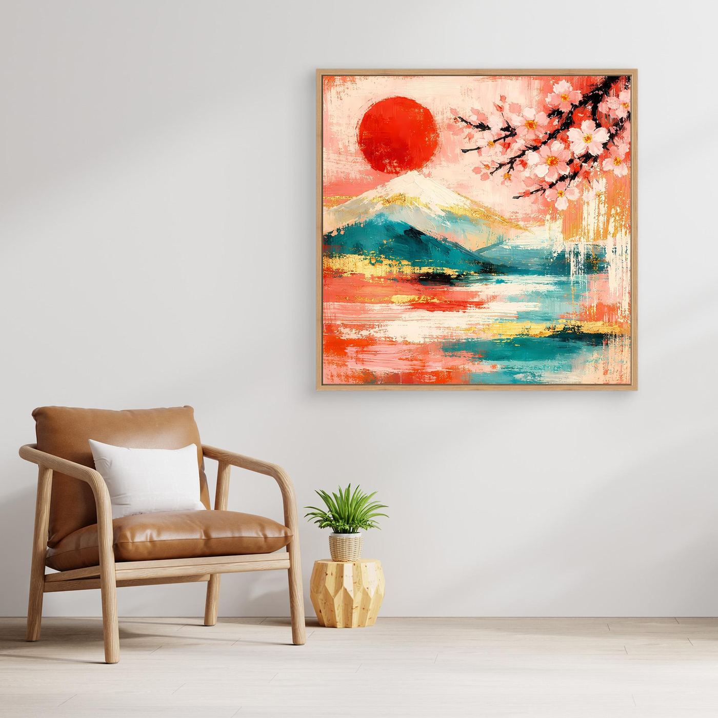 Abstraktes Leinwandbild mit roter Sonne, Kirschblüten und Landschaftsmotiv im Holzrahmen