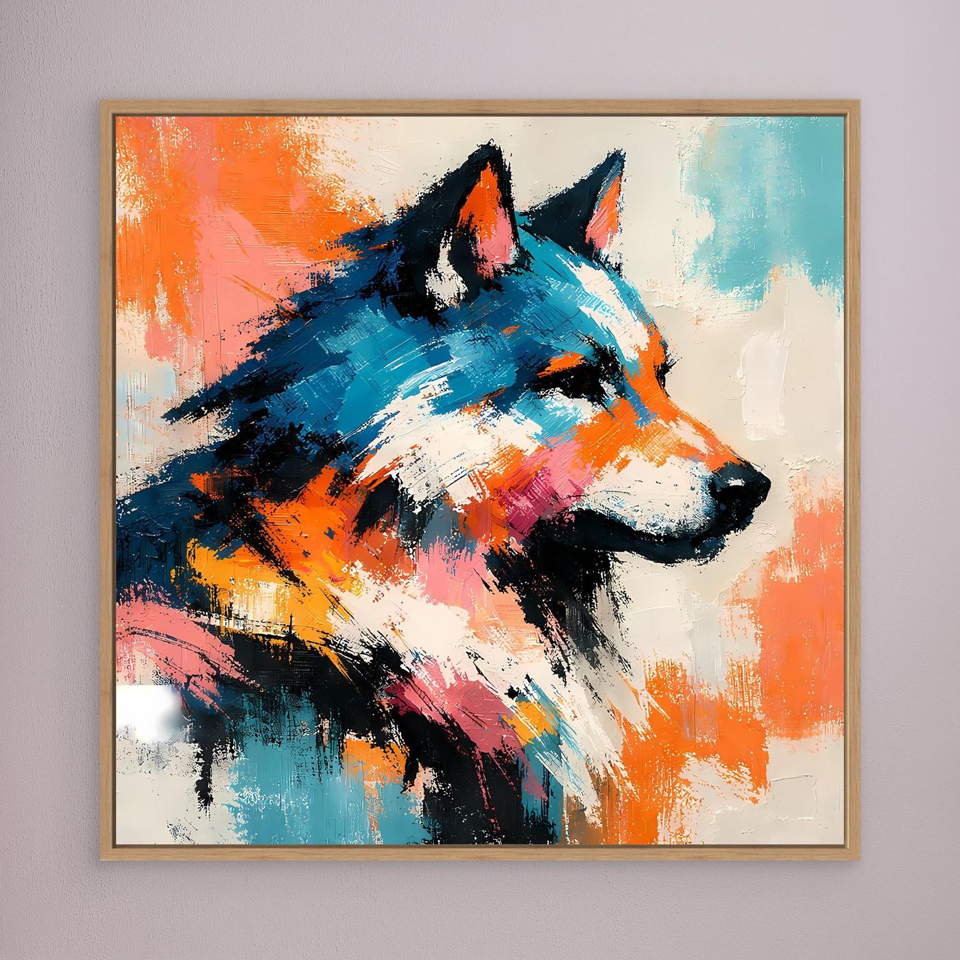 Abstrakte Wolf-Leinwand, blau-schwarz mit orangefarbenen Spritzern, eichenfarbig gerahmt