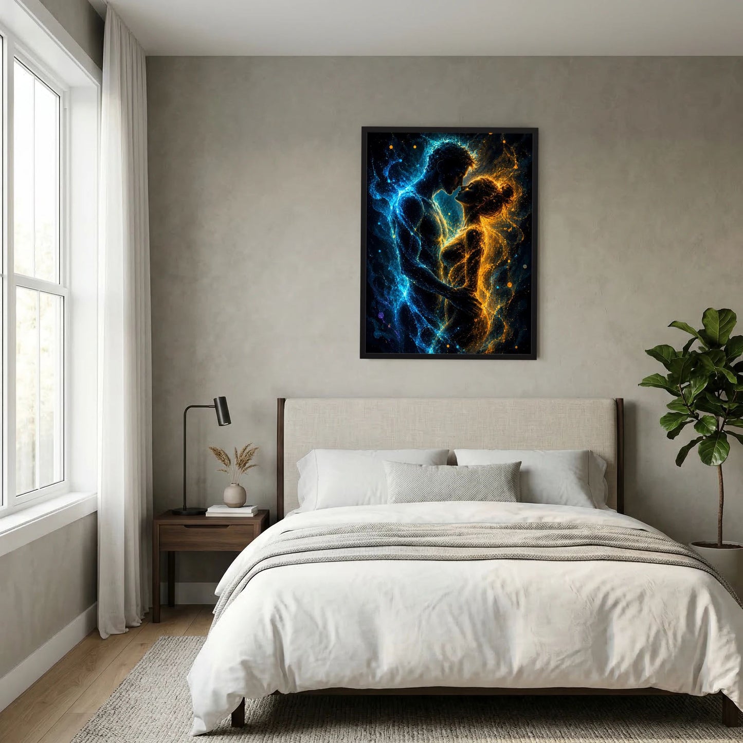Poster im Hochformat: abstraktes Paar in Blau und Gold mit schwarzem Rahmen