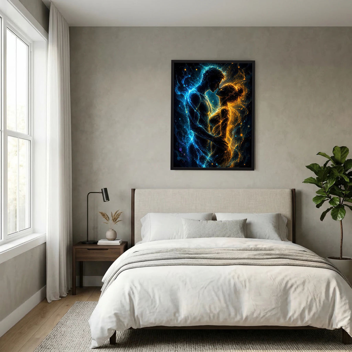 Poster im Hochformat: abstraktes Paar in Blau und Gold mit schwarzem Rahmen