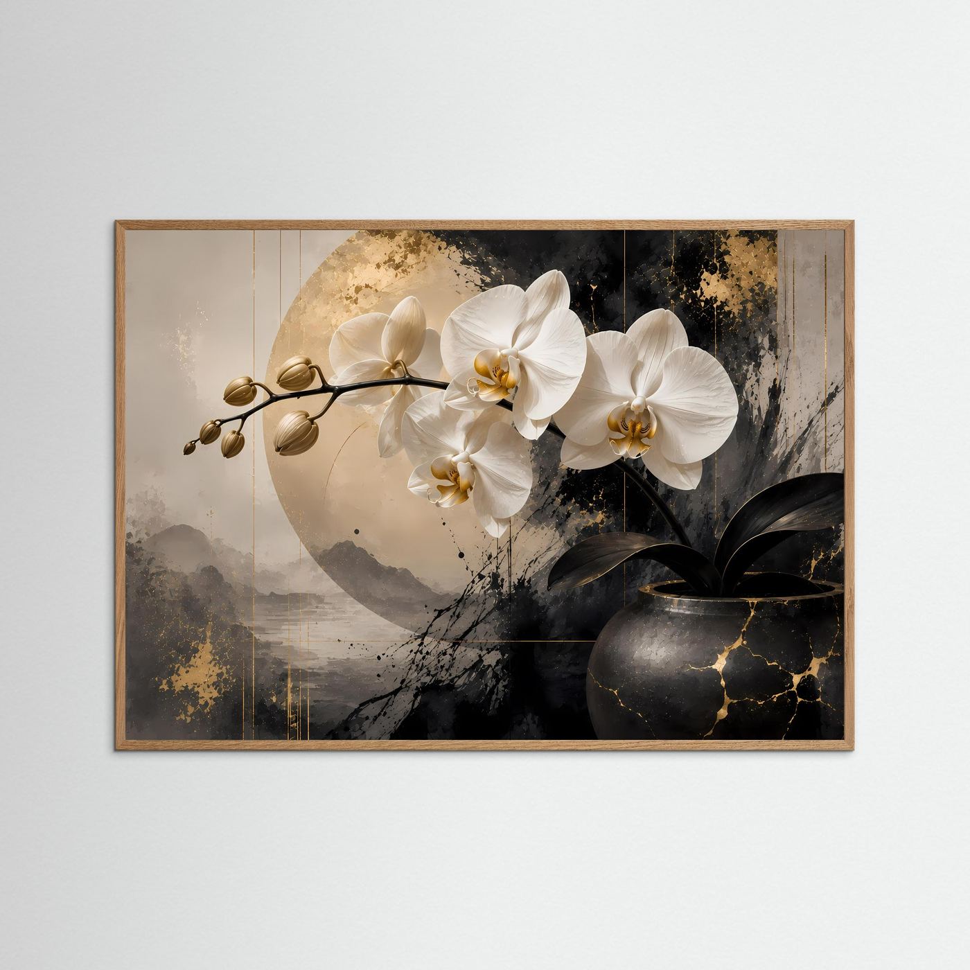 Elegante Orchidee in Schwarz, Weiß & Gold | Botanische & Abstrakte Kunst Wandbild