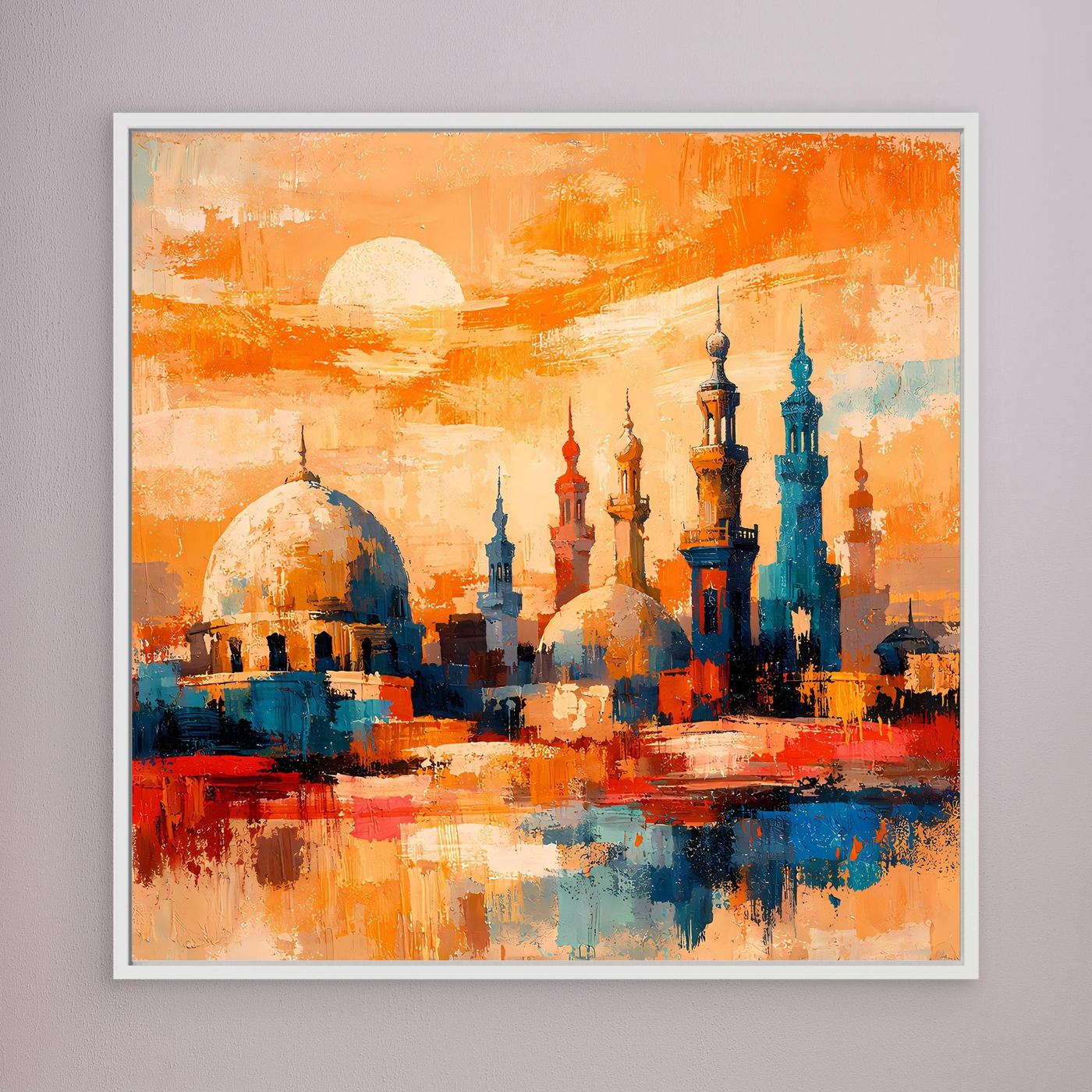 Leinwandbild mit abstrakter Skyline und Minaretten im Sonnenuntergang, weiß gerahmt