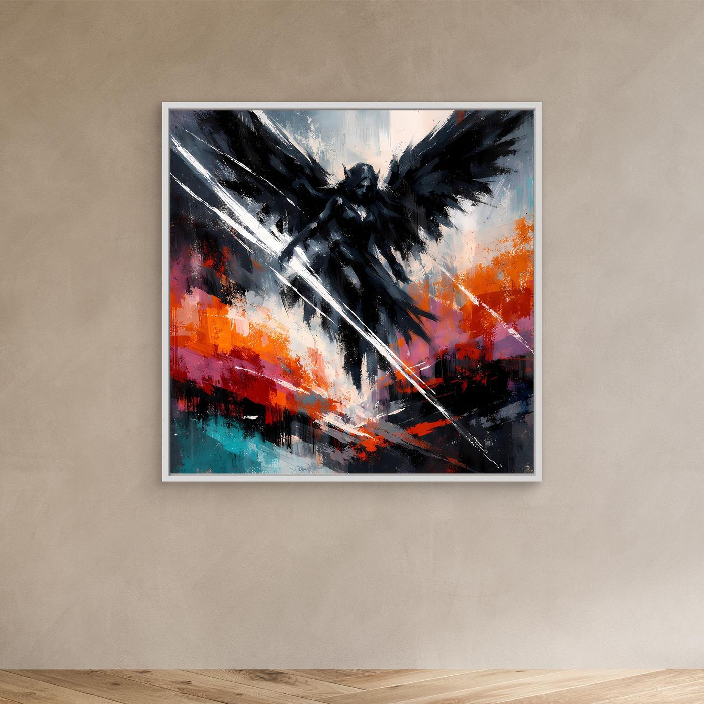 Fantasy-Wandbild im weißen Rahmen: dunkler Engel mit Flügeln, diagonalem Licht und Farbflecken