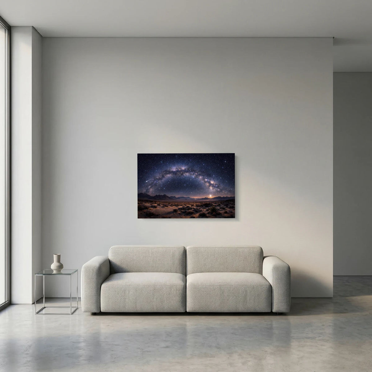 Horizontales Wandbild mit Sternen- und Nebelwolken über Wüste bei Nacht