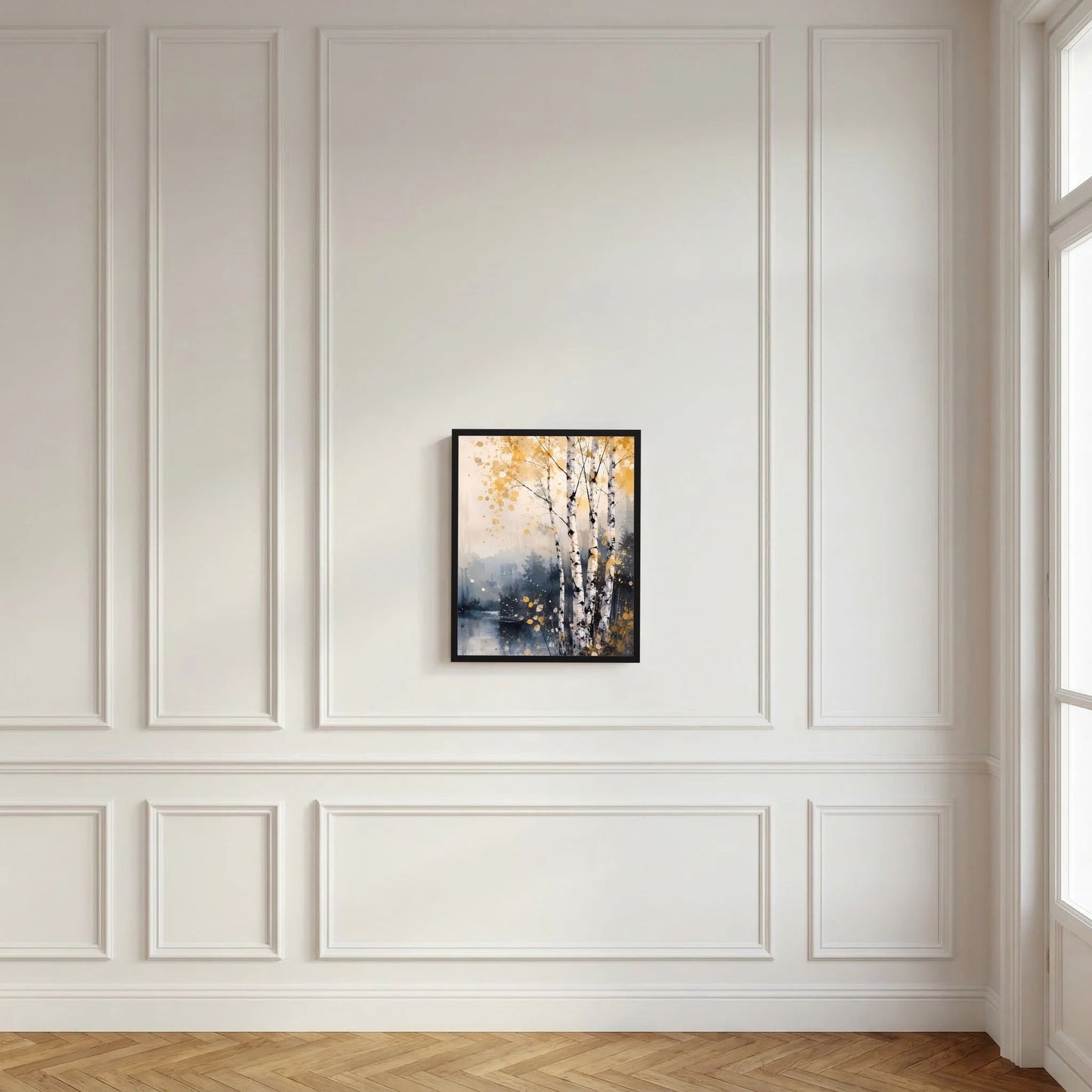 Kleines gerahmtes Poster mit abstrakten Birken am See, schwarzer Rahmen, goldene Spritzer