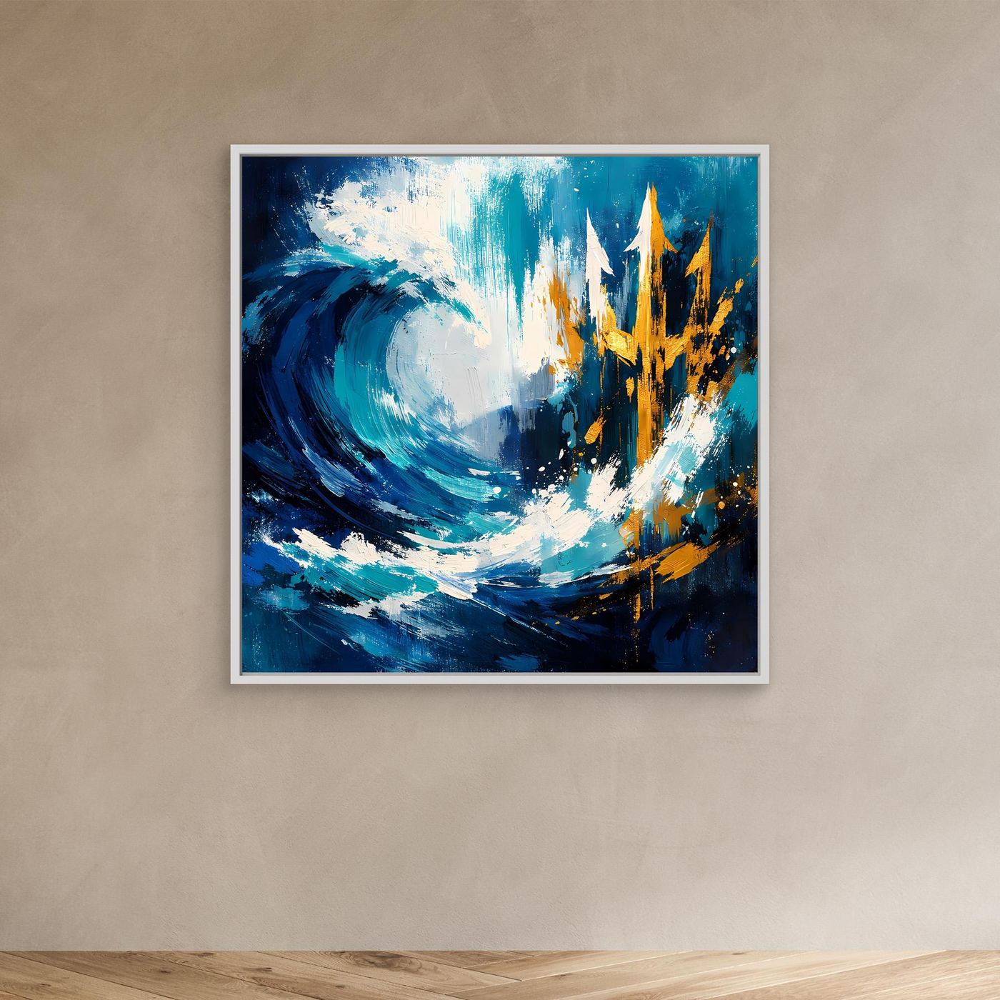 Maritime wall art with blue wave swirl and gold trident in silver-toned frame
