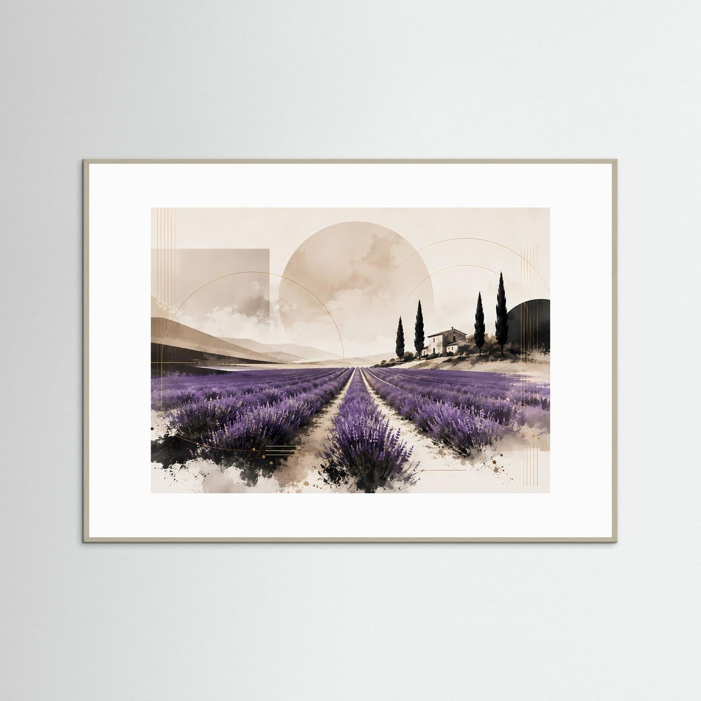 Lavendelfeld in der Provence mit Zypressen & Landhaus | Abstrakte mediterrane Landschaft in Lila, Creme, Beige, Schwarz & Gold | Elegantes Lavendel Wandbild im Querformat