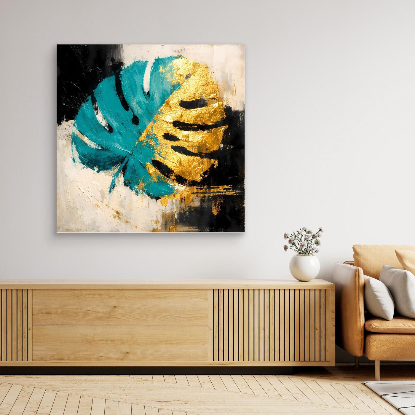 Leinwand Abstraktes Monstera Gemälde in Türkis und Gold | Modernes Botanik Wandbild