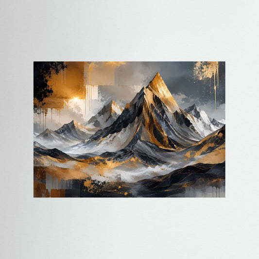 Naturposter im Querformat mit abstraktem Bergpanorama in Blau-Grau und Goldtönen