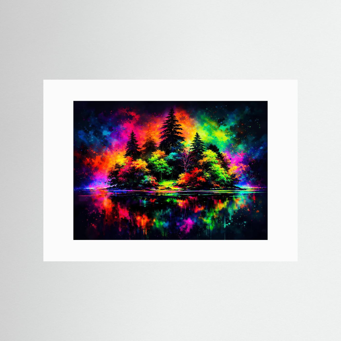 Neon-Landschafts-Poster mit farbigen Tannen und Spiegelbild im Wasser, mit weißem Rand