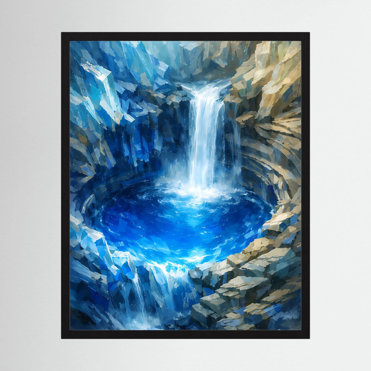 Hochformat-Poster mit blauem Wasserfall, türkis leuchtendem Becken, schwarzem Rahmen
