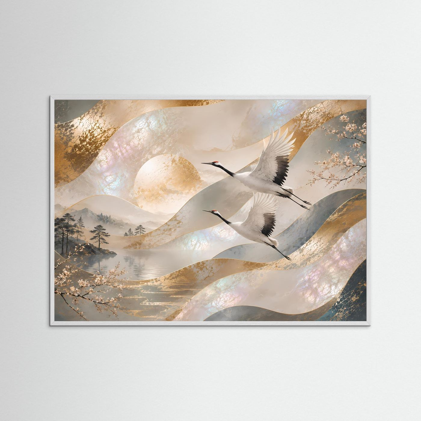 Japanische Kraniche im Flug | Elegante Perlmutt-Kunst in Gold & Creme