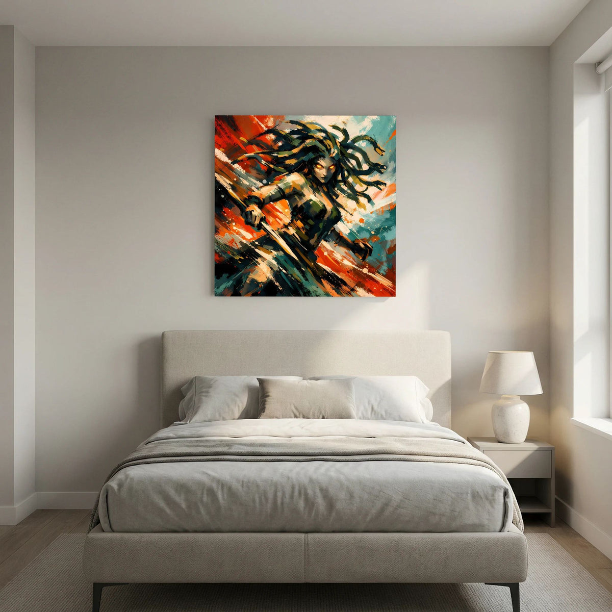 Leinwandbild mit Medusa im Action-Stil, Pinselstriche in Orange, Türkis und Dunkelgrün