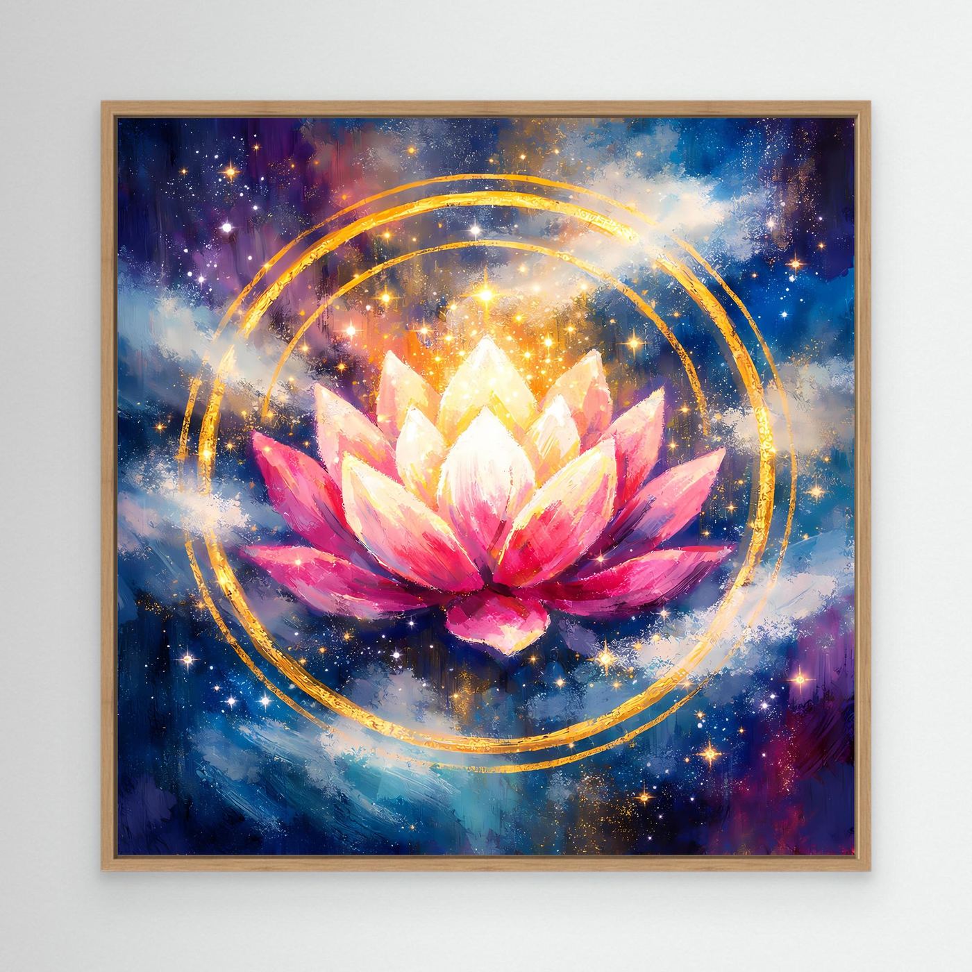 Wandbild mit Lotusblüte, goldenen Kreisen und Sternen im Kosmos, Eichenrahmen