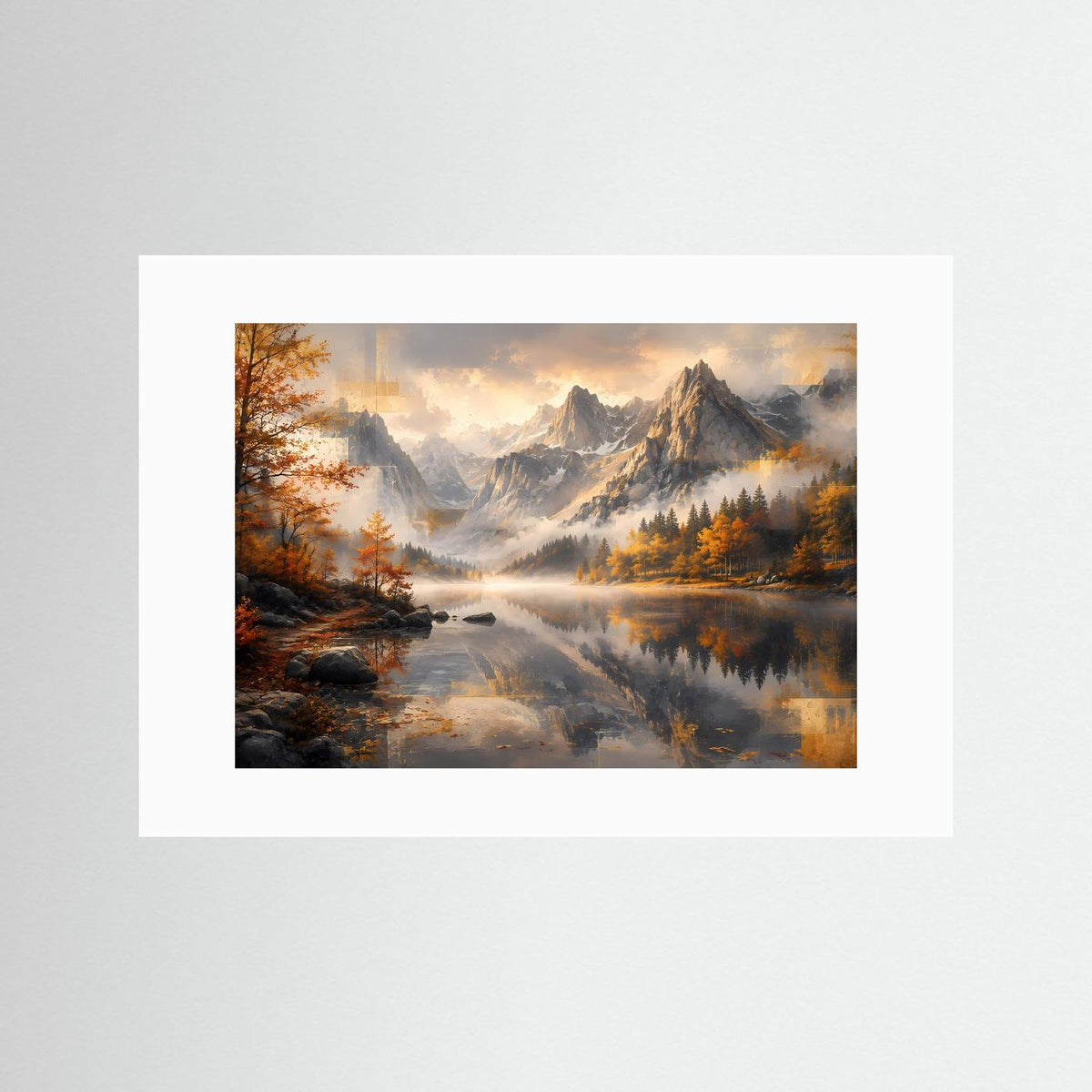 Poster im Querformat mit Berglandschaft und See; weißer Passepartoutrahmen