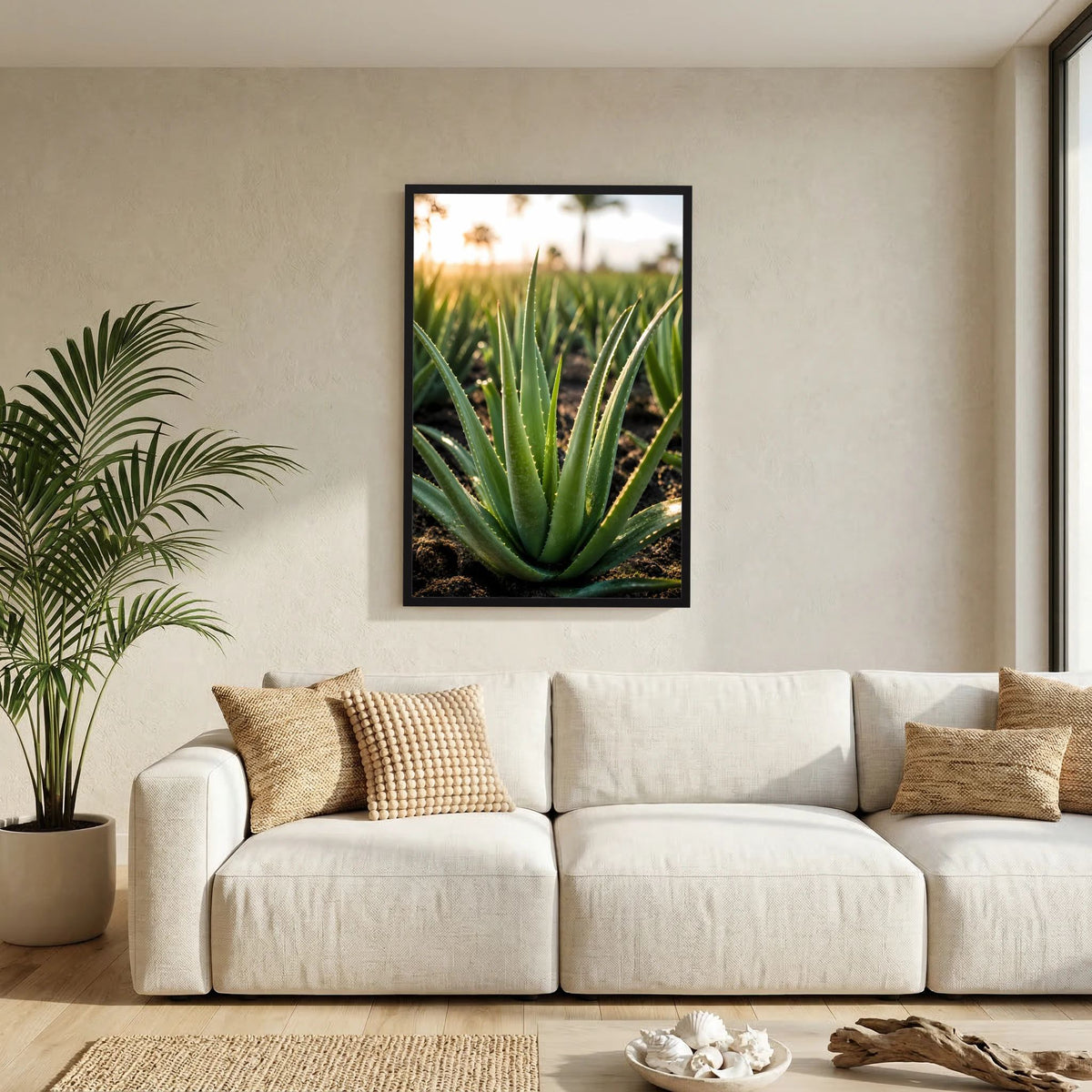 Poster mit Aloe-Vera-Zierpflanze im schwarzen Rahmen, grünes Blattbündel, Hochformat.