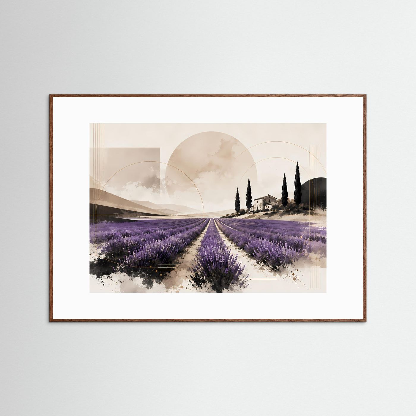 Lavendelfeld in der Provence mit Zypressen & Landhaus | Abstrakte mediterrane Landschaft in Lila, Creme, Beige, Schwarz & Gold | Elegantes Lavendel Wandbild im Querformat
