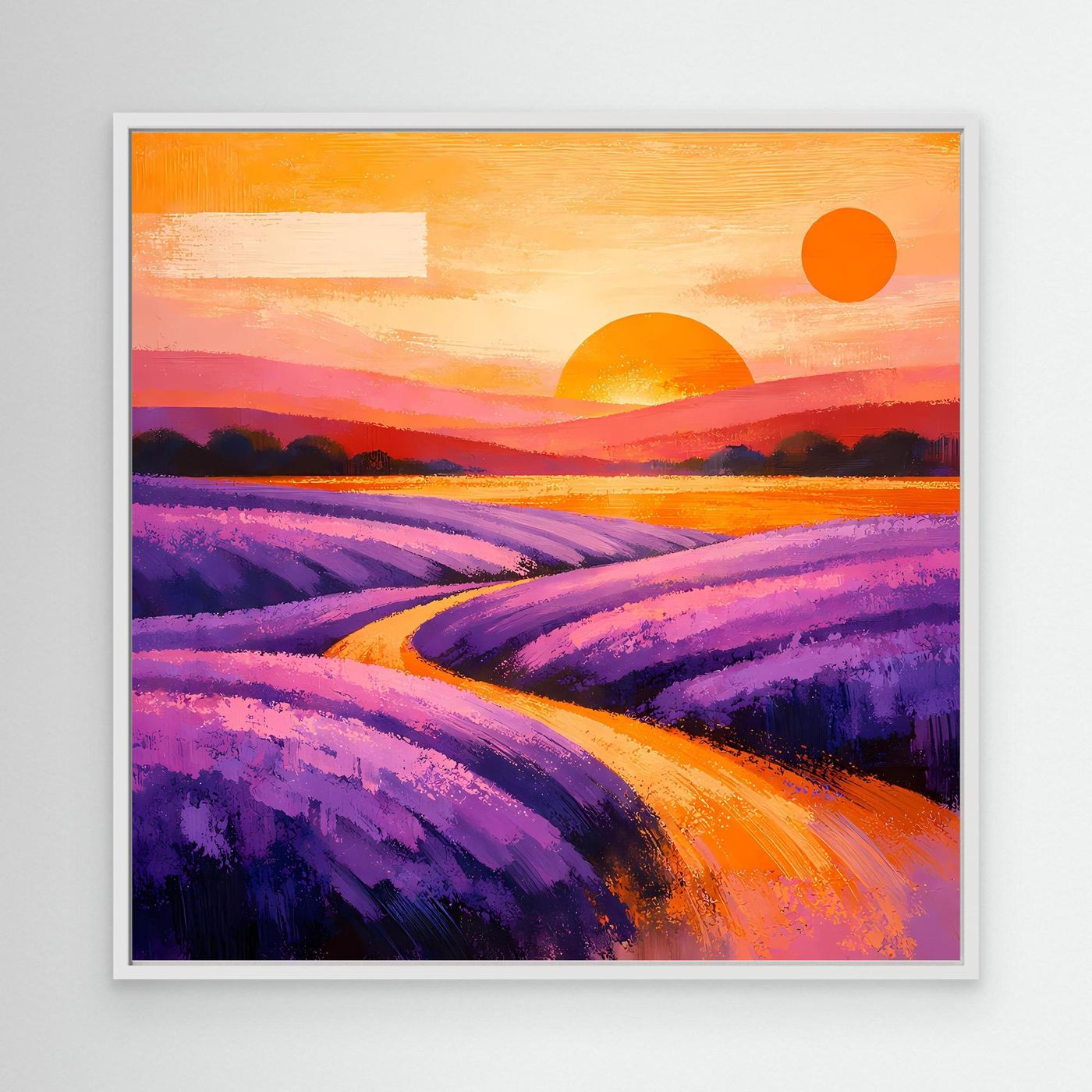 Leinwandbild mit abstraktem Lavendelfeld, Provence-Landschaft, weißer Rahmen, Lila und Orange