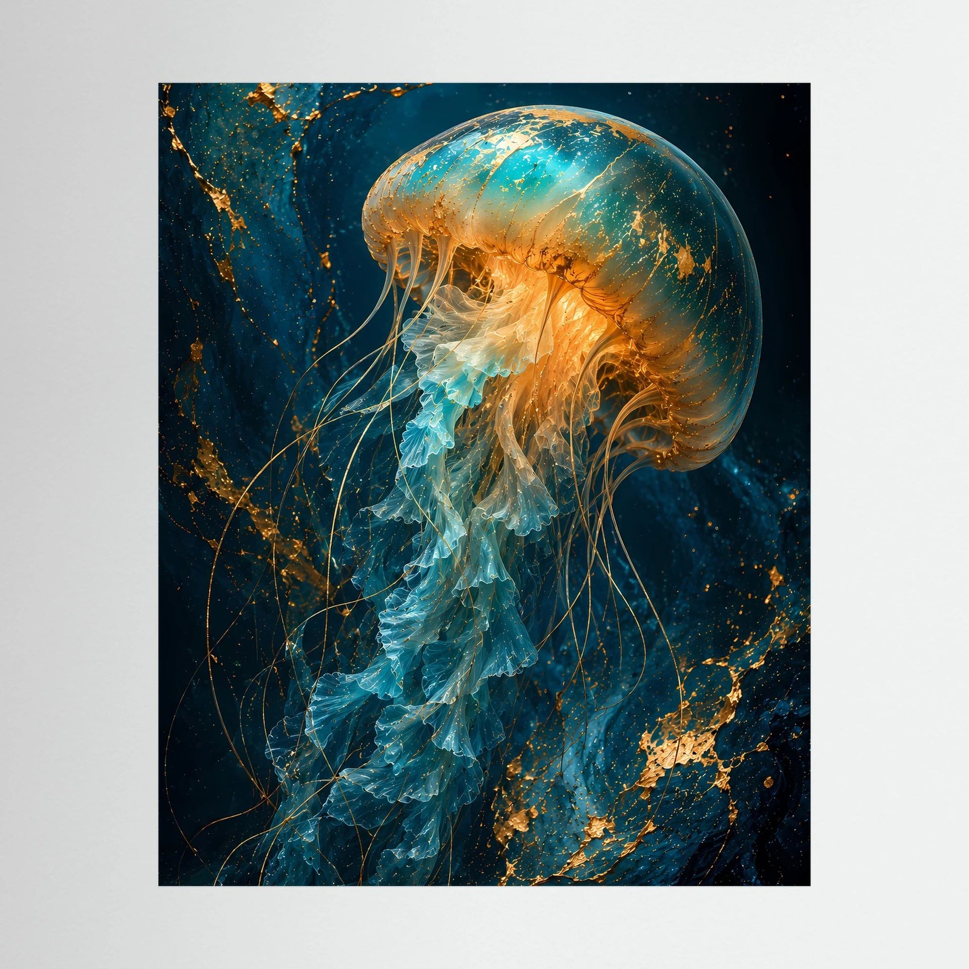 Poster im Hochformat mit leuchtender Qualle in Türkis, Gold und Blau, ohne Rahmen