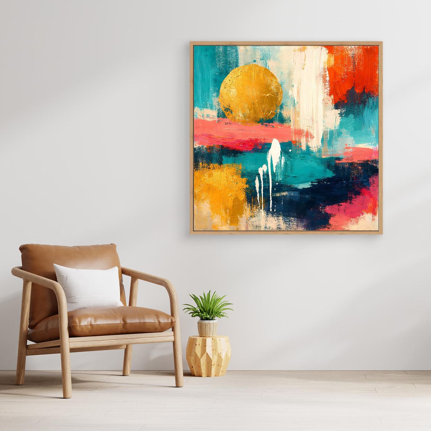 Abstraktes Wandbild: goldene Sonne, türkis, rot und gelbe Akzente, Holzrahmen