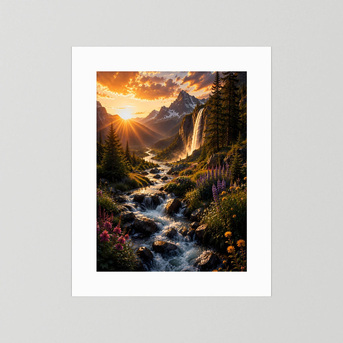Bergwasserfall im Sonnenuntergang | Alpenlandschaft mit Wildblumen & Gebirgsbach | Poster Hochformat