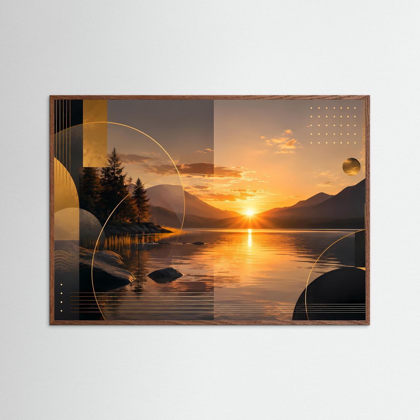 Querformat-Poster mit abstrakter Sonnenuntergangslandschaft, dunklem Holzrahmen