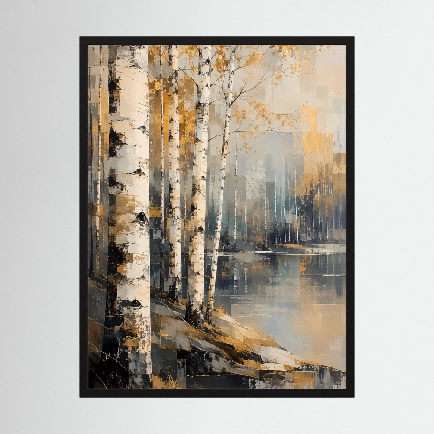 Gerahmtes Hochformat-Poster mit abstraktem Birkenwald in Gold, Beige und Dunkelblau