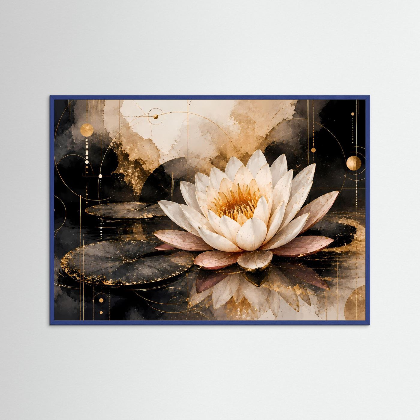 Lotusblüten-Poster im blauen Holzrahmen: weiße Seerose mit Goldakzenten auf dunklem Wasser