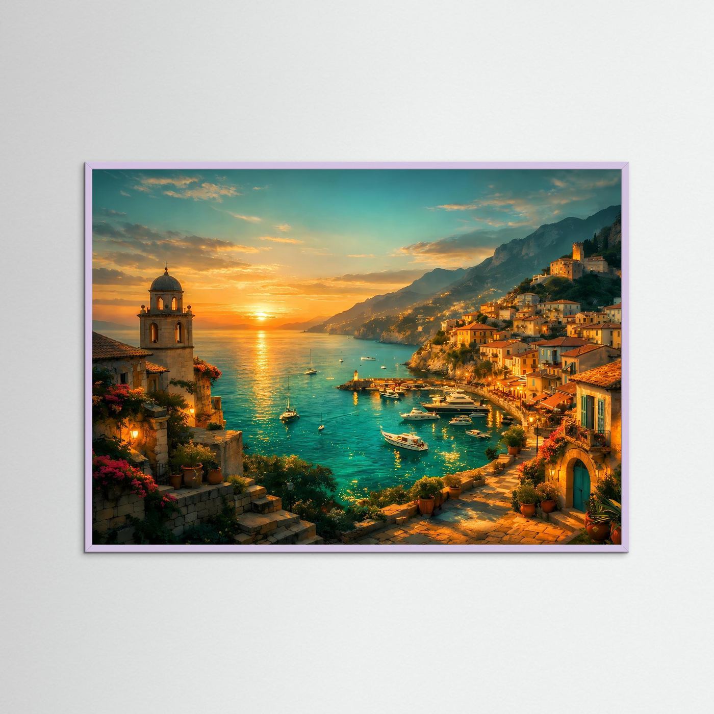 Wandposter Küstenstadt am Sonnenuntergang mit Meer, Booten und Kirche im Vordergrund, violett gerahmt