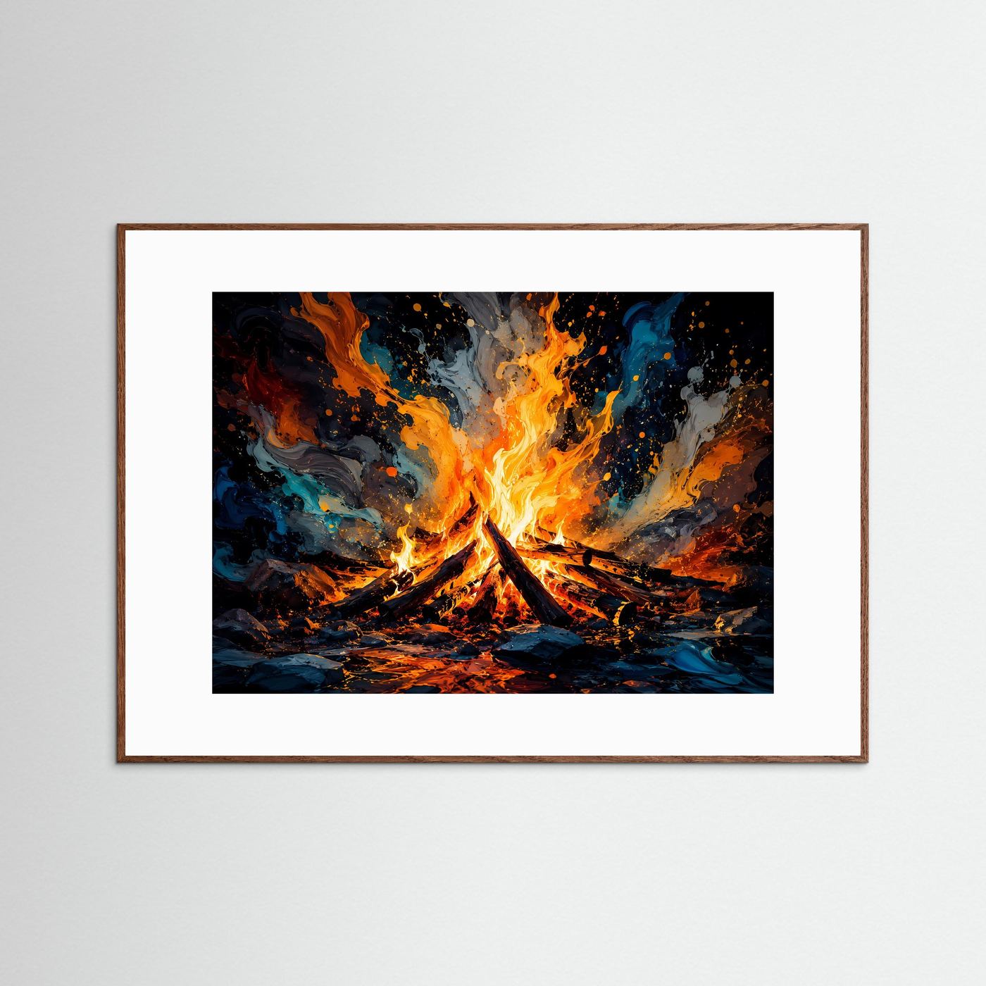 Abstraktes Lagerfeuer | Modernes Feuer-Wandbild in Orange, Blau & Schwarz