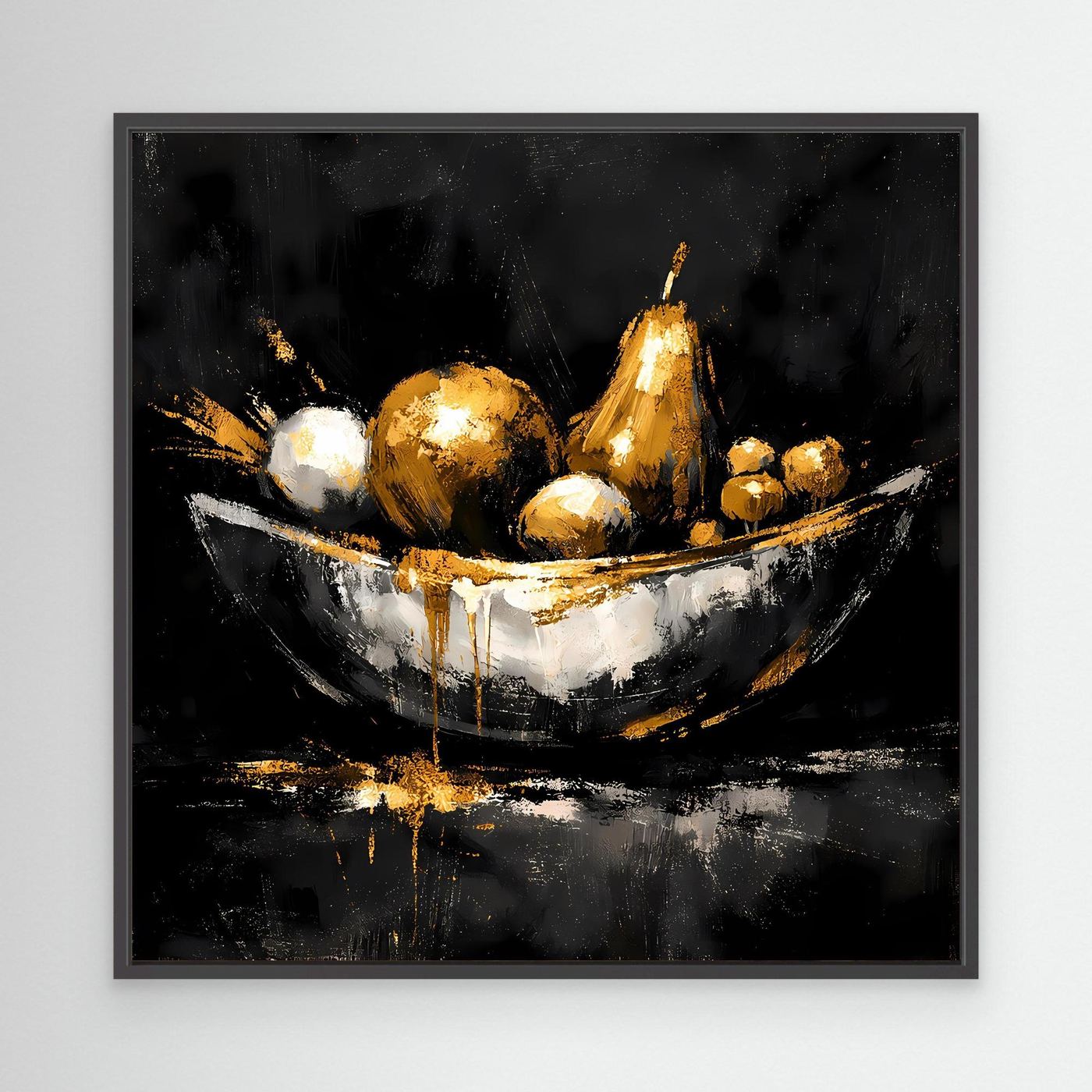 Leinwand Elegante Obstschale in Gold und Silber | Modernes Luxus Stillleben Wandbild