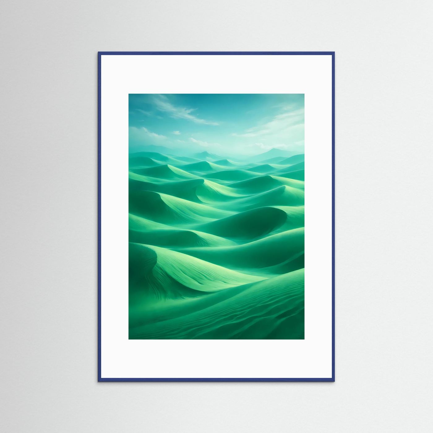 Hochformat-Poster mit abstrakten Dünen in Türkis und Smaragdgrün, blau gerahmt