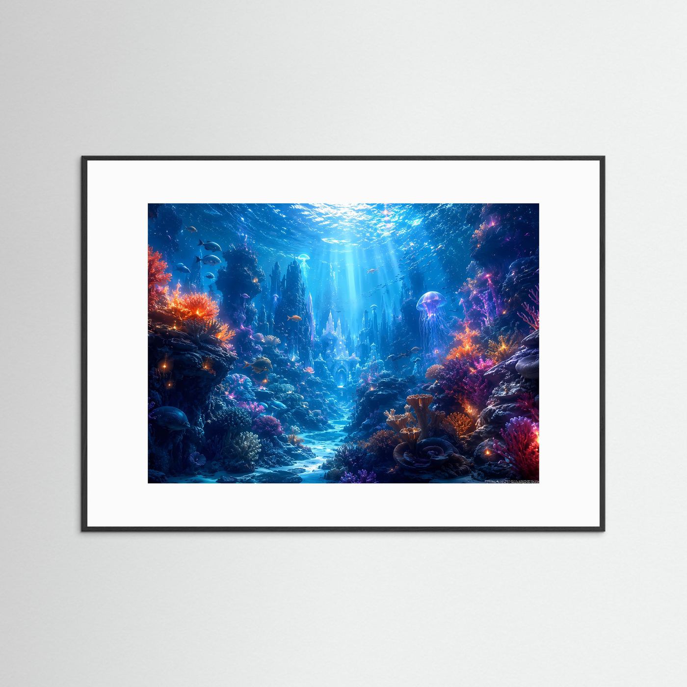 Magische Unterwasserwelt im Korallenriff | Modernes Ozean & Meeresleuchten Poster im Querformat
