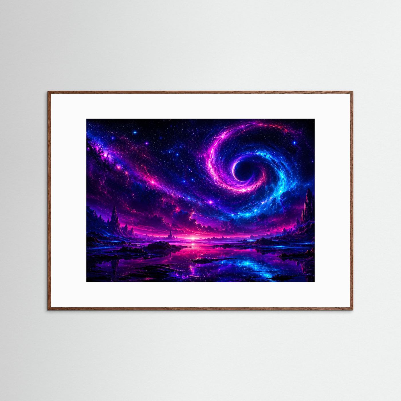 Kosmischer Wirbel Poster Querformat | Neon Galaxie Wandbild in Pink Blau | Futurale Weltraum Kunst mit Sternenhimmel