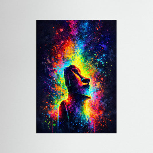 Abstraktes Poster mit Moai-Silhouette im bunten Farbspektrum, Hochformat