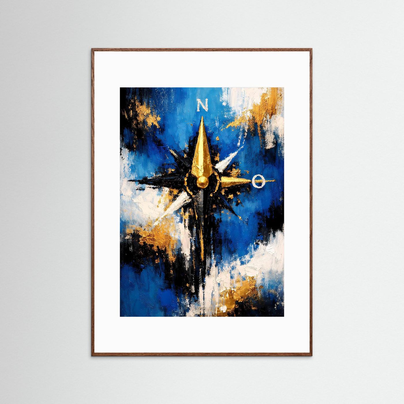 Hochformatiges Kunstposter mit goldener Kompassrose, blau-abstraktem Motiv, dunkler Holzrahmen
