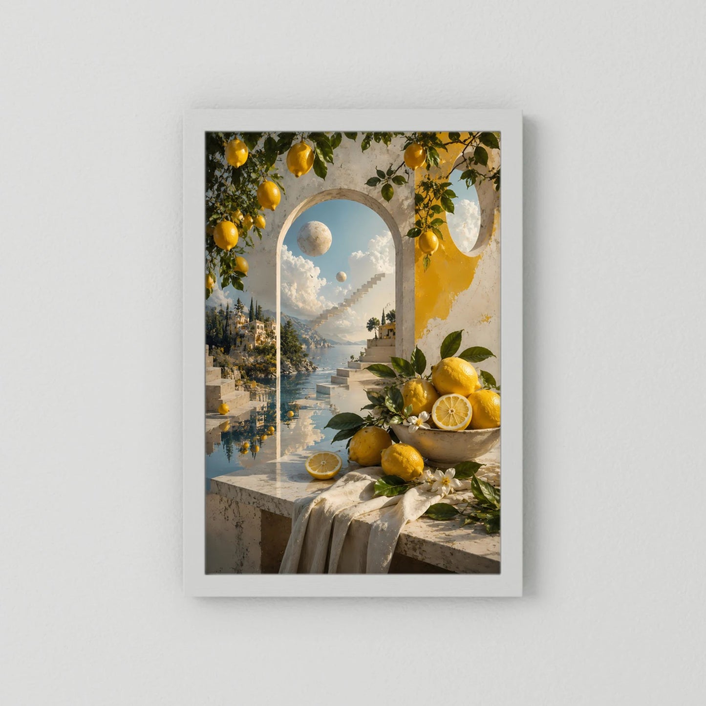 Kunstposter im Hochformat mit mediterraner Küstenlandschaft und Zitronen, weißer Rahmen