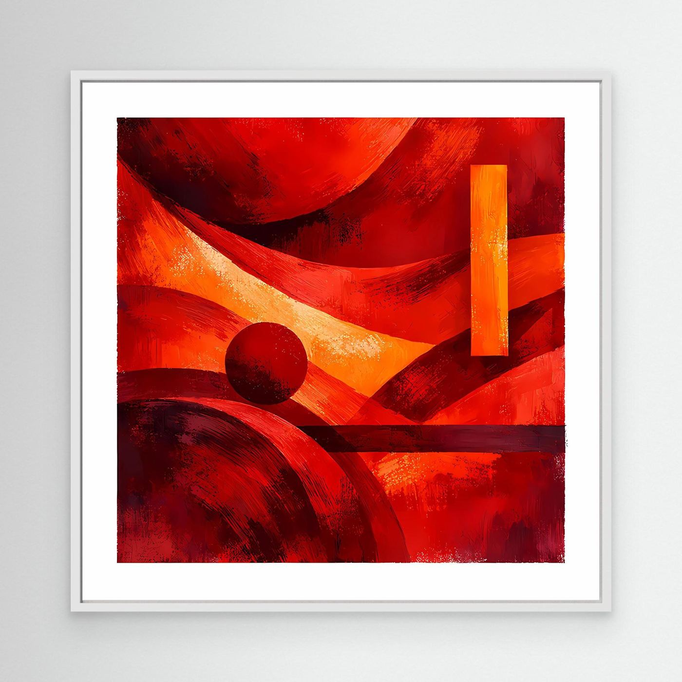 Leinwandbild mit abstrakten roten, orangefarbenen und schwarzen Formen, weißer Rahmen