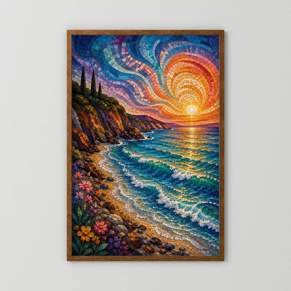 Mediterrane Küste im Mosaikstil | Sonnenuntergang am türkisblauen Meer | Poster Hochformat