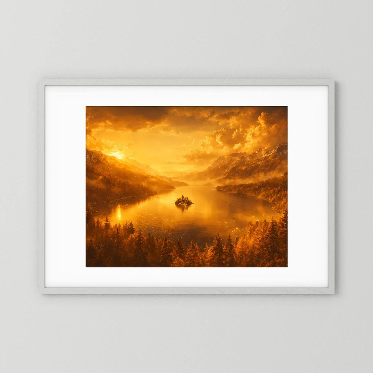 Querformatiges Wandbild: Bergsee-Landschaft bei Sonnenuntergang, weißer Rahmen