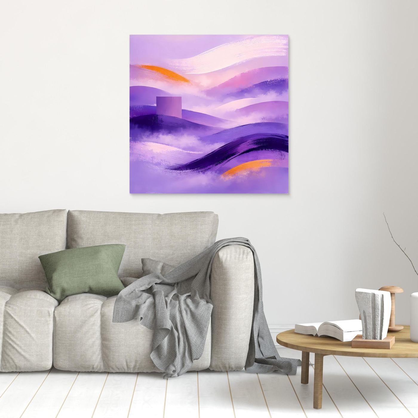 Quadratisches Leinwandbild mit abstrakter lila Berglandschaft und orangefarbenen Akzenten, ohne sichtbaren Rahmen