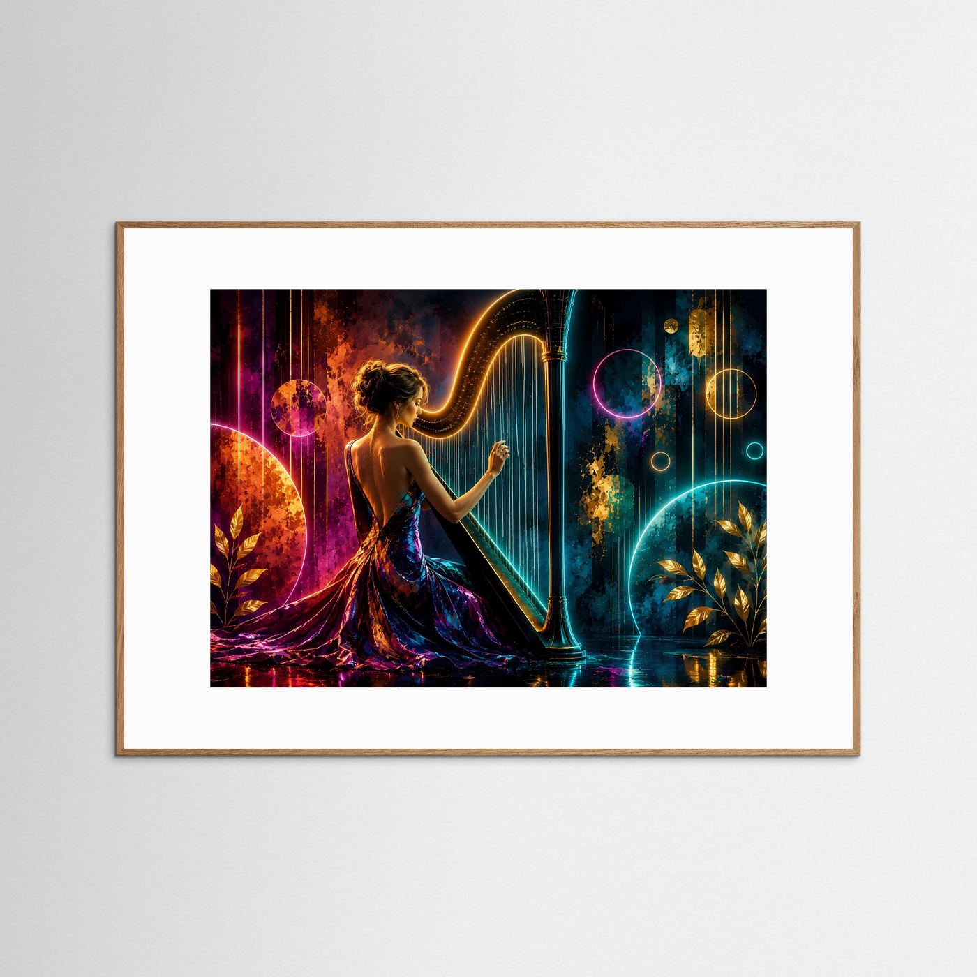 Magische Harfenklänge in Neon & Gold | Modernes Musik & Fantasy Poster Querformat